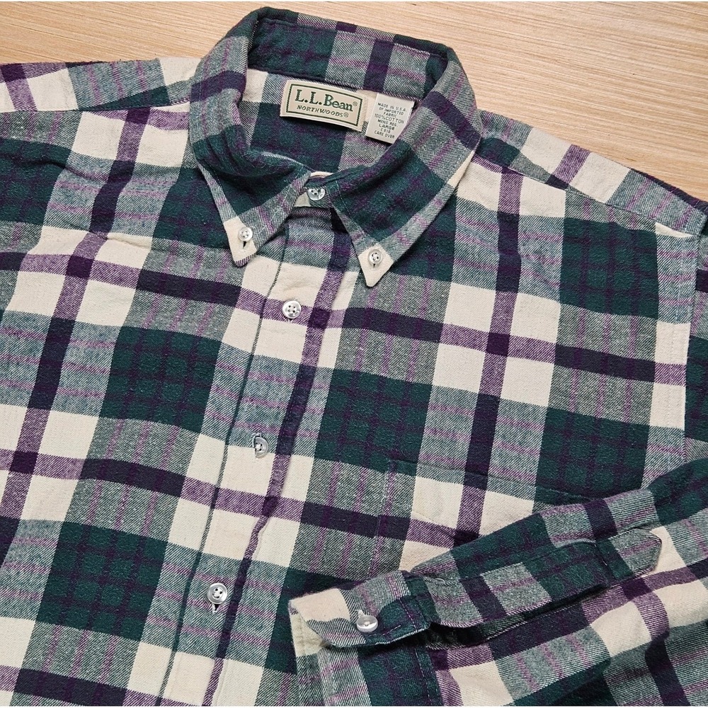 Vintage LL Bean Flannel Shirt Men L Green Plaid Button Down Northwoods USA